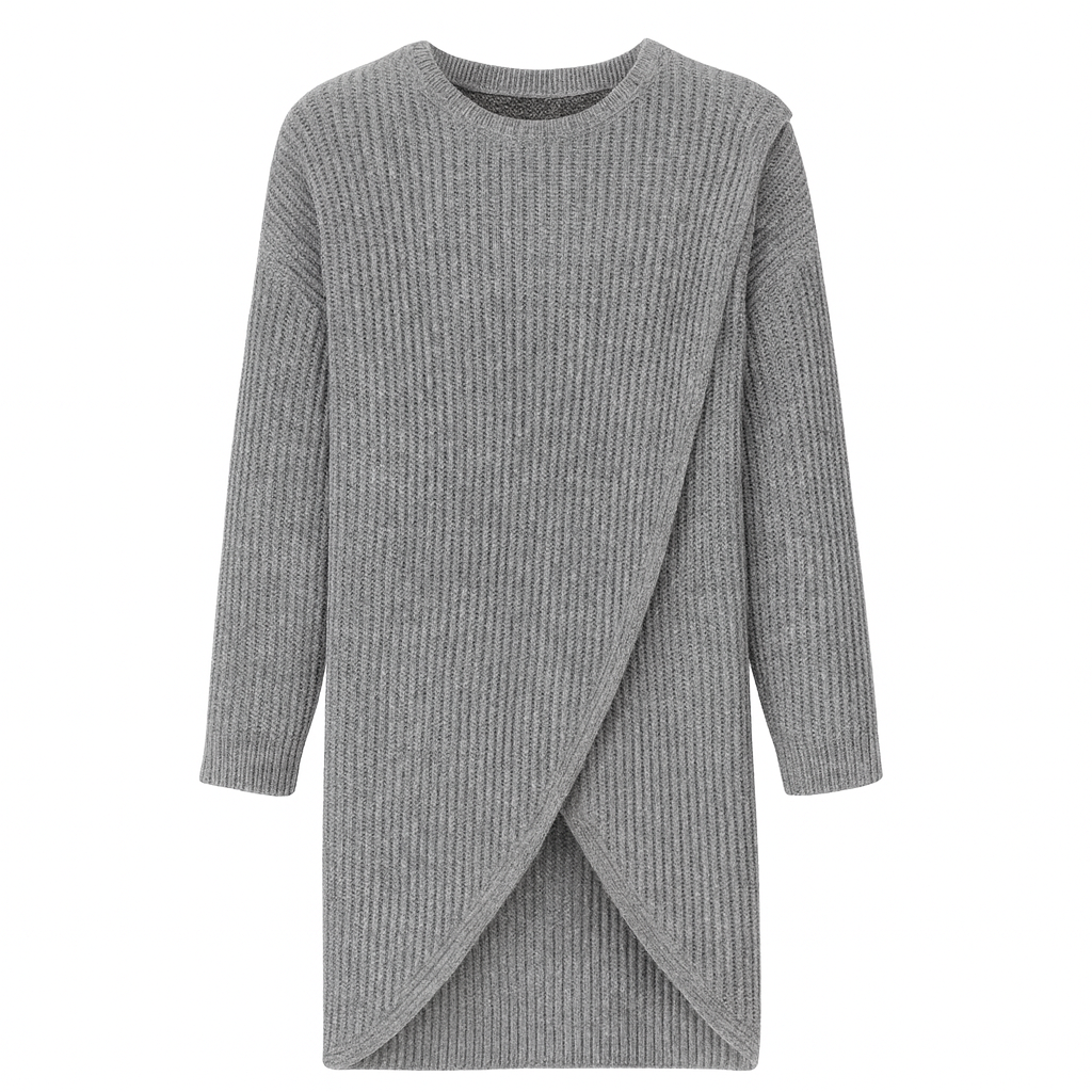 Ribbed knit long-sleeve dress with a round neckline and overlapping front hem design.