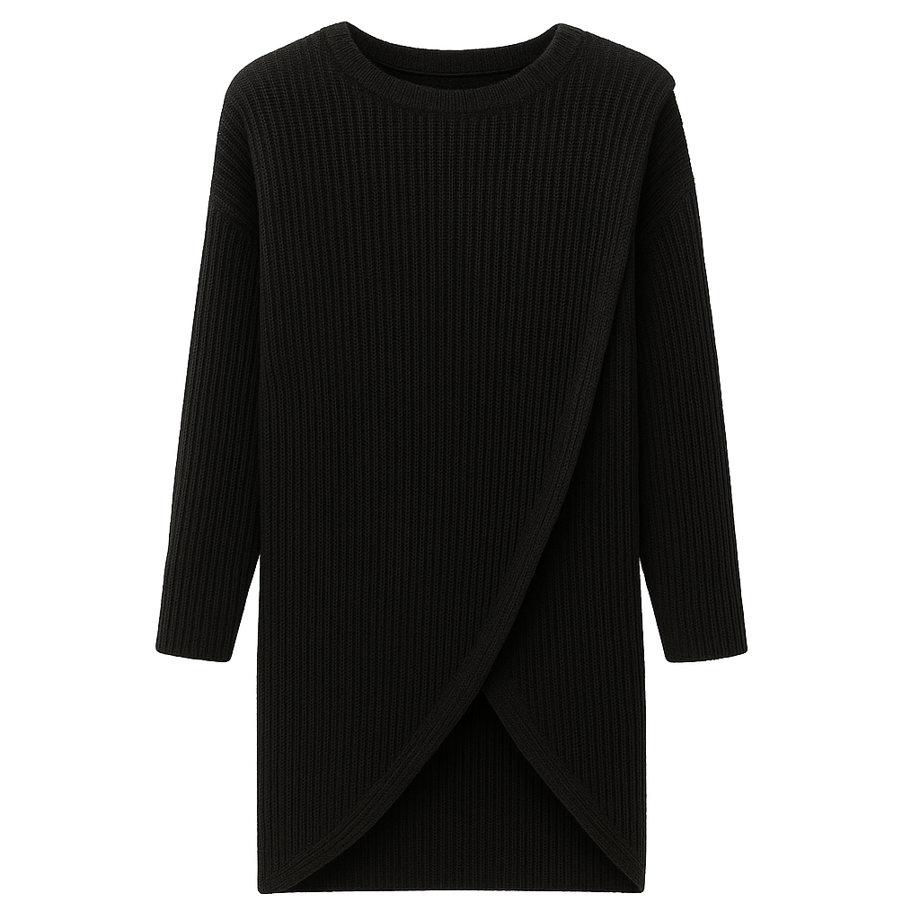 Ribbed knit long-sleeve dress with a round neckline and overlapping front hem design.