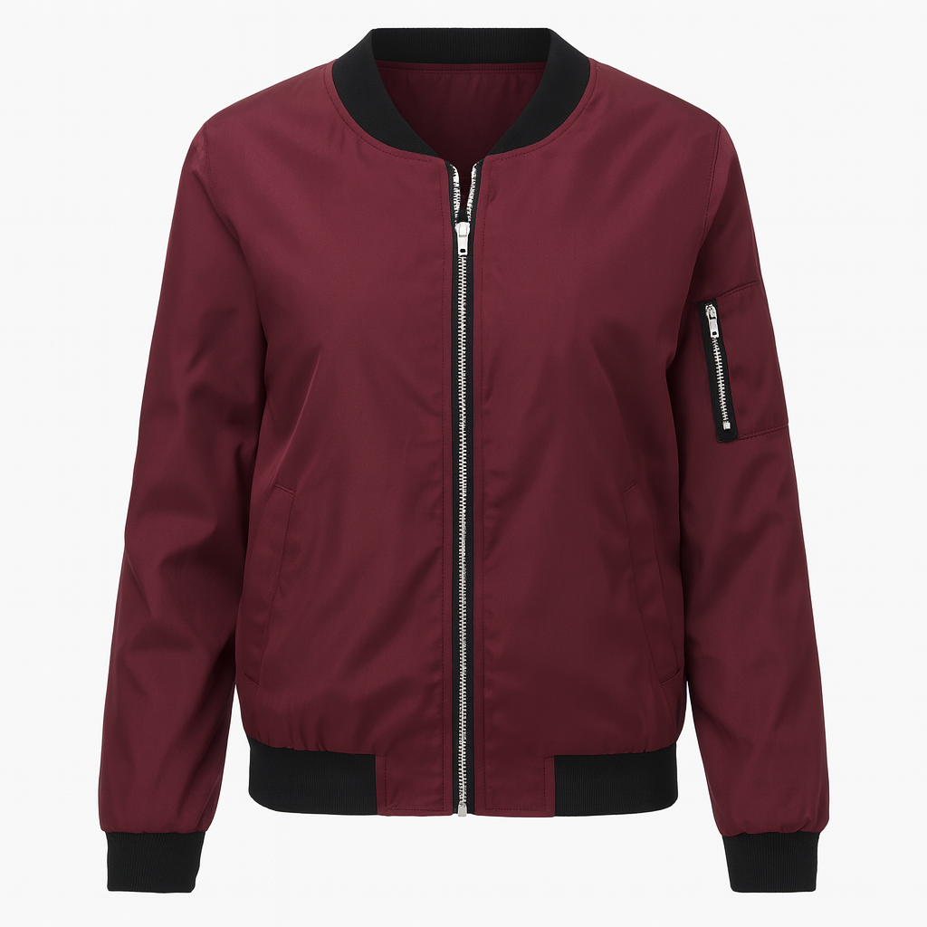 Bomber jacket with a front zipper closure, ribbed cuffs and hem, and zip pocket on the sleeve.