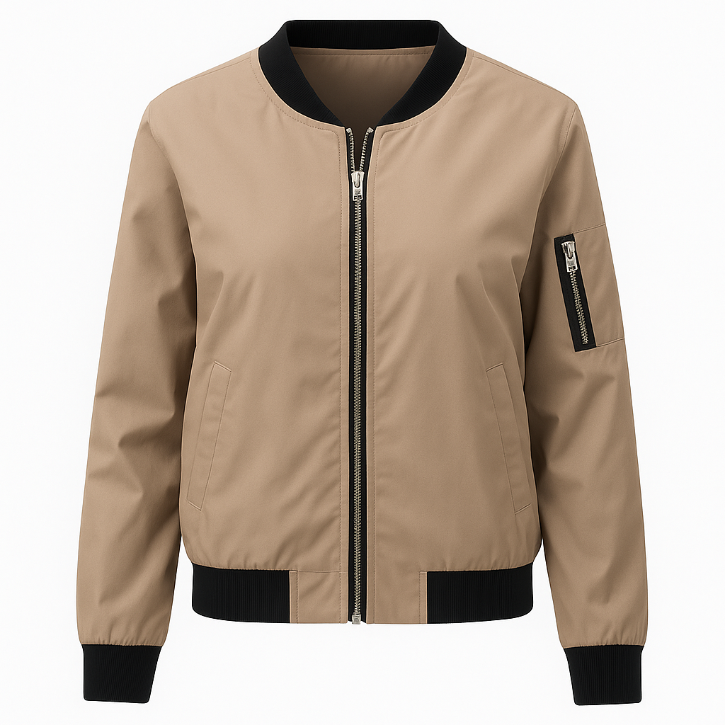 Bomber jacket with a front zipper closure, ribbed cuffs and hem, and zip pocket on the sleeve.