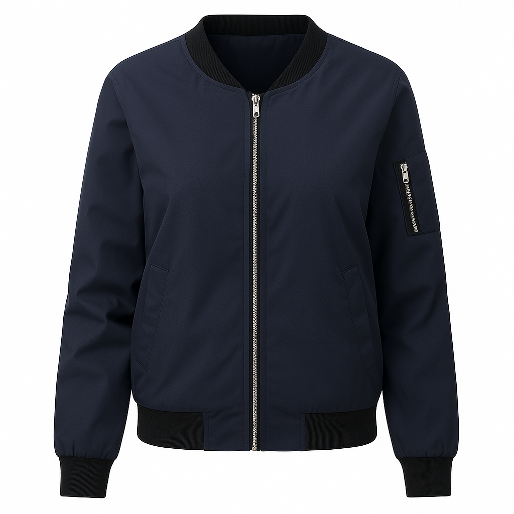 Bomber jacket with a front zipper closure, ribbed cuffs and hem, and zip pocket on the sleeve.