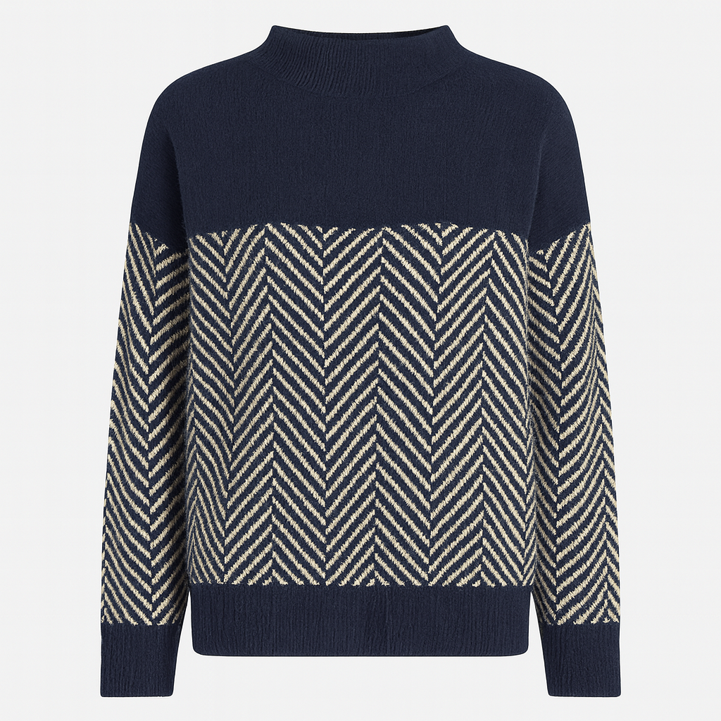 Knit sweater with high crew neckline, solid upper panel, and chevron pattern design on body and sleeves, styled for casual wear