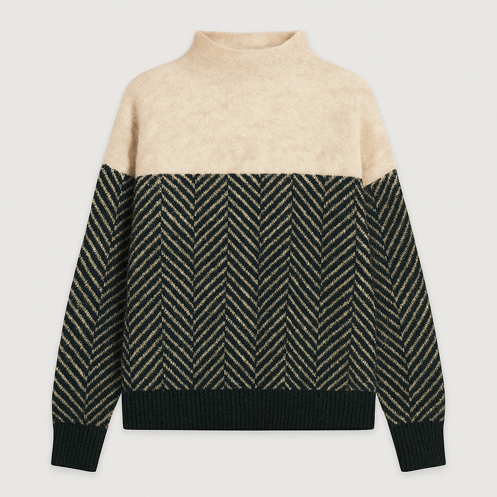Knit sweater with high crew neckline, solid upper panel, and chevron pattern design on body and sleeves, styled for casual wear
