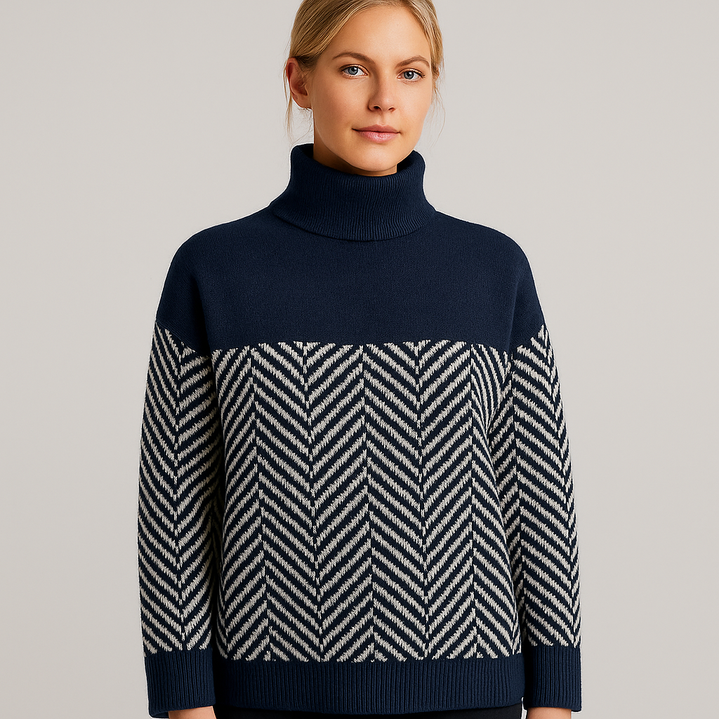 Knit sweater with high crew neckline, solid upper panel, and chevron pattern design on body and sleeves, styled for casual wear