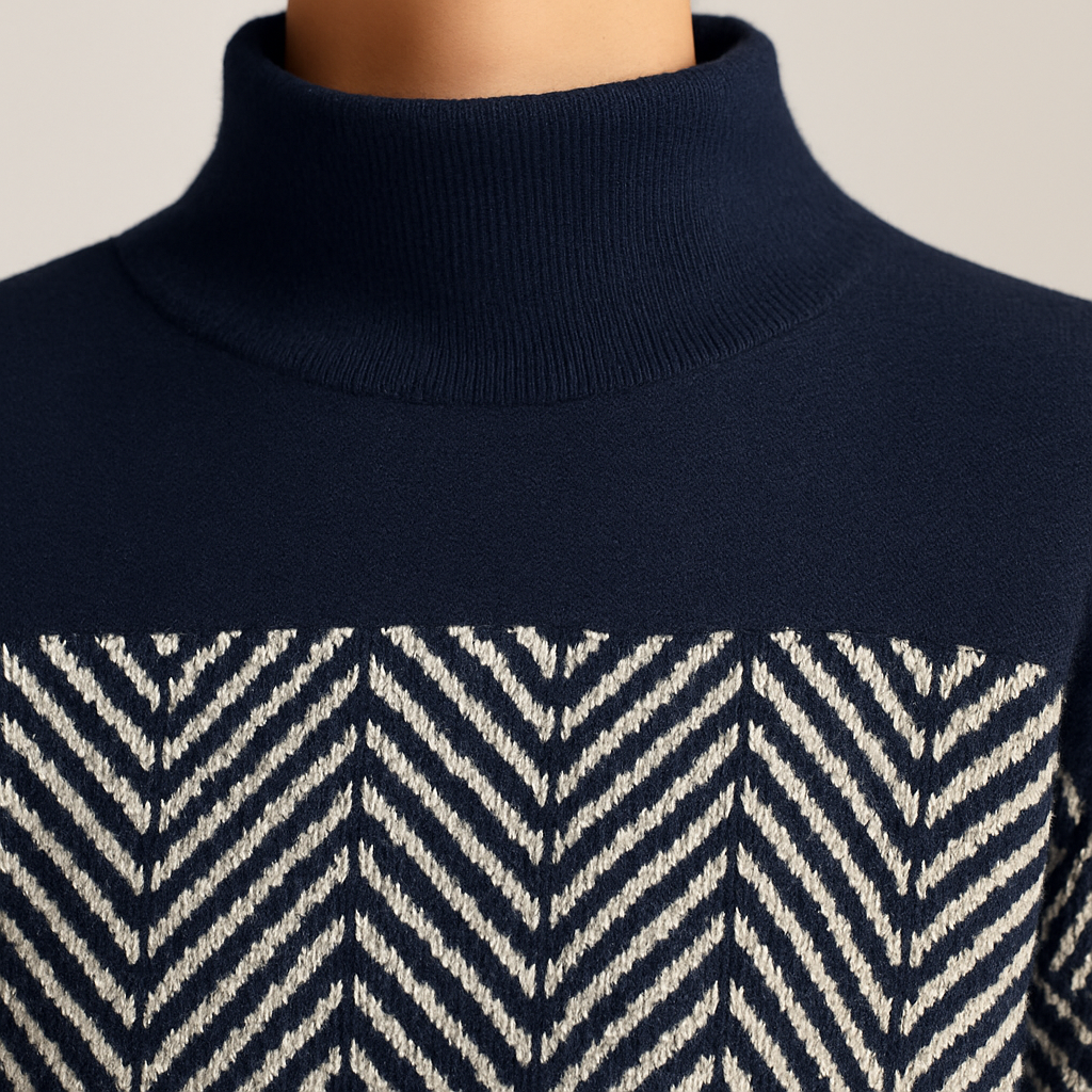 Knit sweater with high crew neckline, solid upper panel, and chevron pattern design on body and sleeves, styled for casual wear