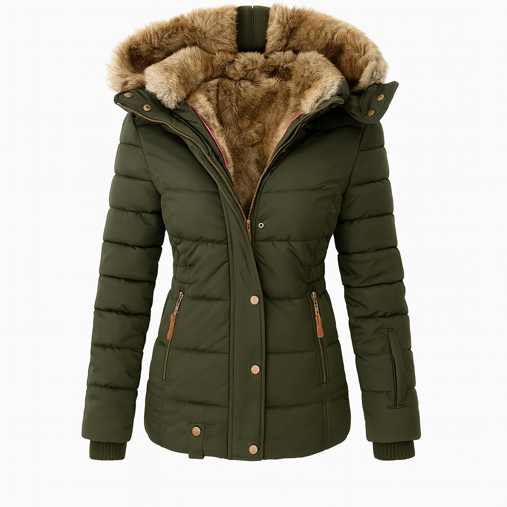 Puffer jacket with a front zipper and snap closure, zippered side pockets, ribbed cuffs, and a fur-lined hood.