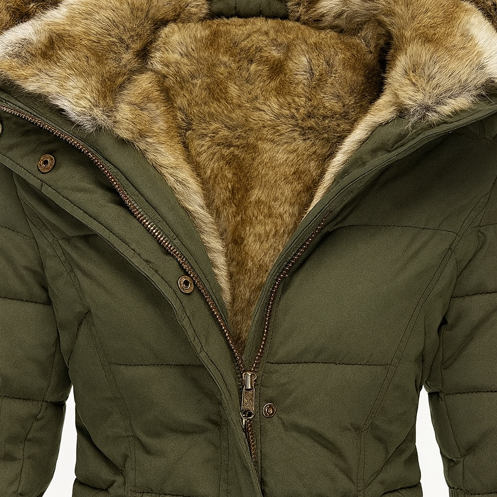Puffer jacket with a front zipper and snap closure, zippered side pockets, ribbed cuffs, and a fur-lined hood.
