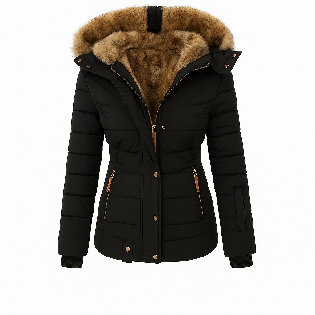 Puffer jacket with a front zipper and snap closure, zippered side pockets, ribbed cuffs, and a fur-lined hood.