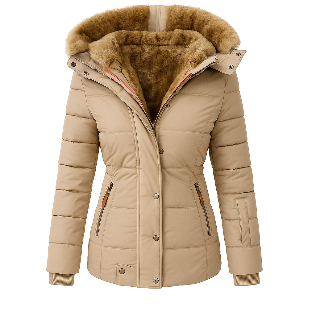 Puffer jacket with a front zipper and snap closure, zippered side pockets, ribbed cuffs, and a fur-lined hood.