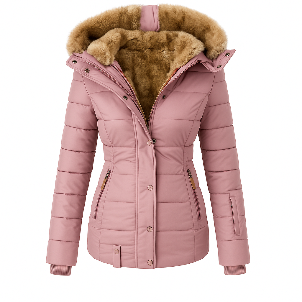 Puffer jacket with a front zipper and snap closure, zippered side pockets, ribbed cuffs, and a fur-lined hood.