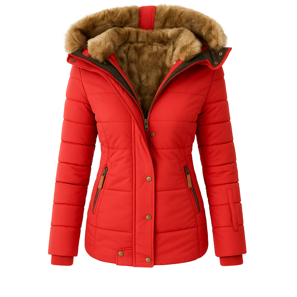 Puffer jacket with a front zipper and snap closure, zippered side pockets, ribbed cuffs, and a fur-lined hood.