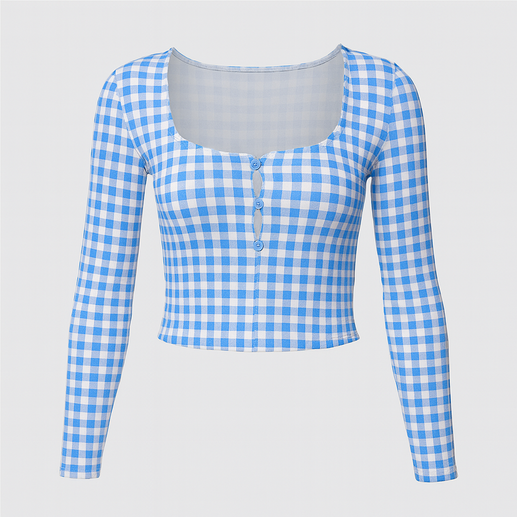 Blue and white gingham cropped button front top with scoop neckline, styled with high waist trousers