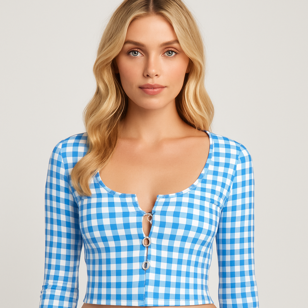 Blue and white gingham cropped button front top with scoop neckline, styled with high waist trousers