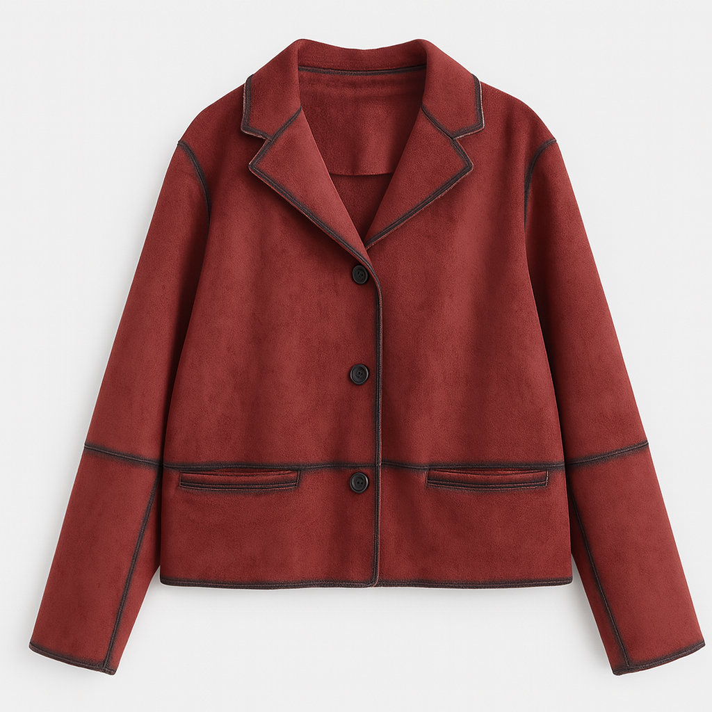 Deep red faux suede jacket with notched lapel and button front closure, featuring a structured relaxed silhouette