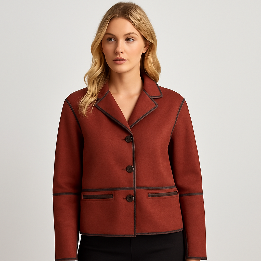 Deep red faux suede jacket with notched lapel and button front closure, featuring a structured relaxed silhouette