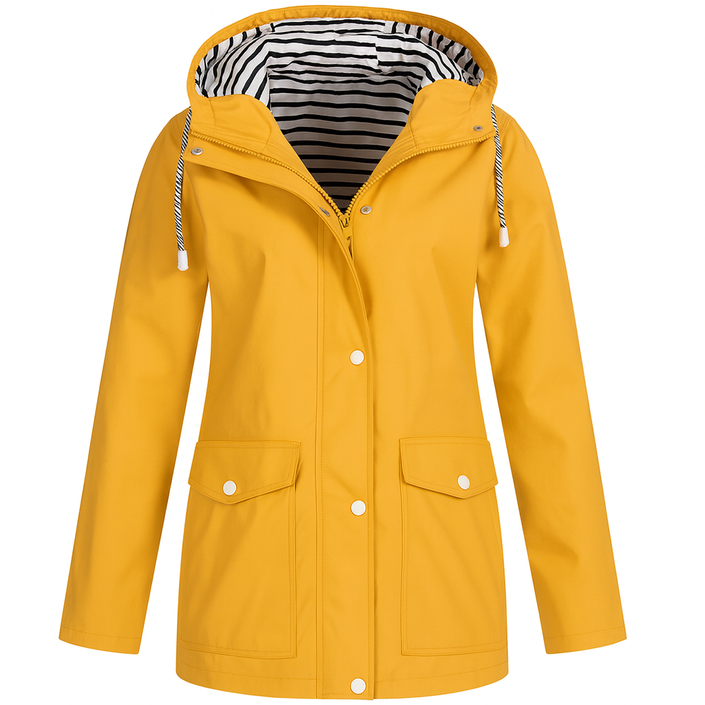 Rain jacket with a striped inner lining, front snap buttons, zipper closure, drawstring hood, and two flap pockets.