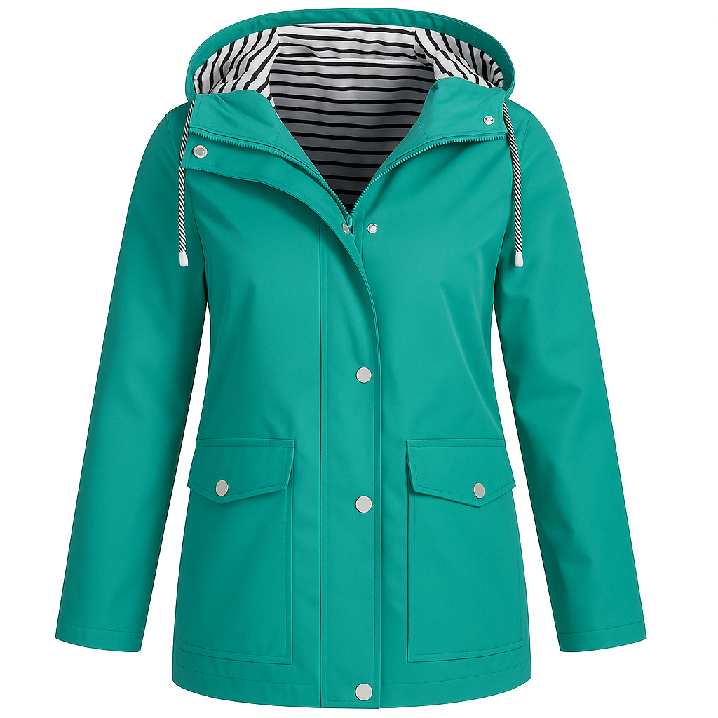 Rain jacket with a striped inner lining, front snap buttons, zipper closure, drawstring hood, and two flap pockets.