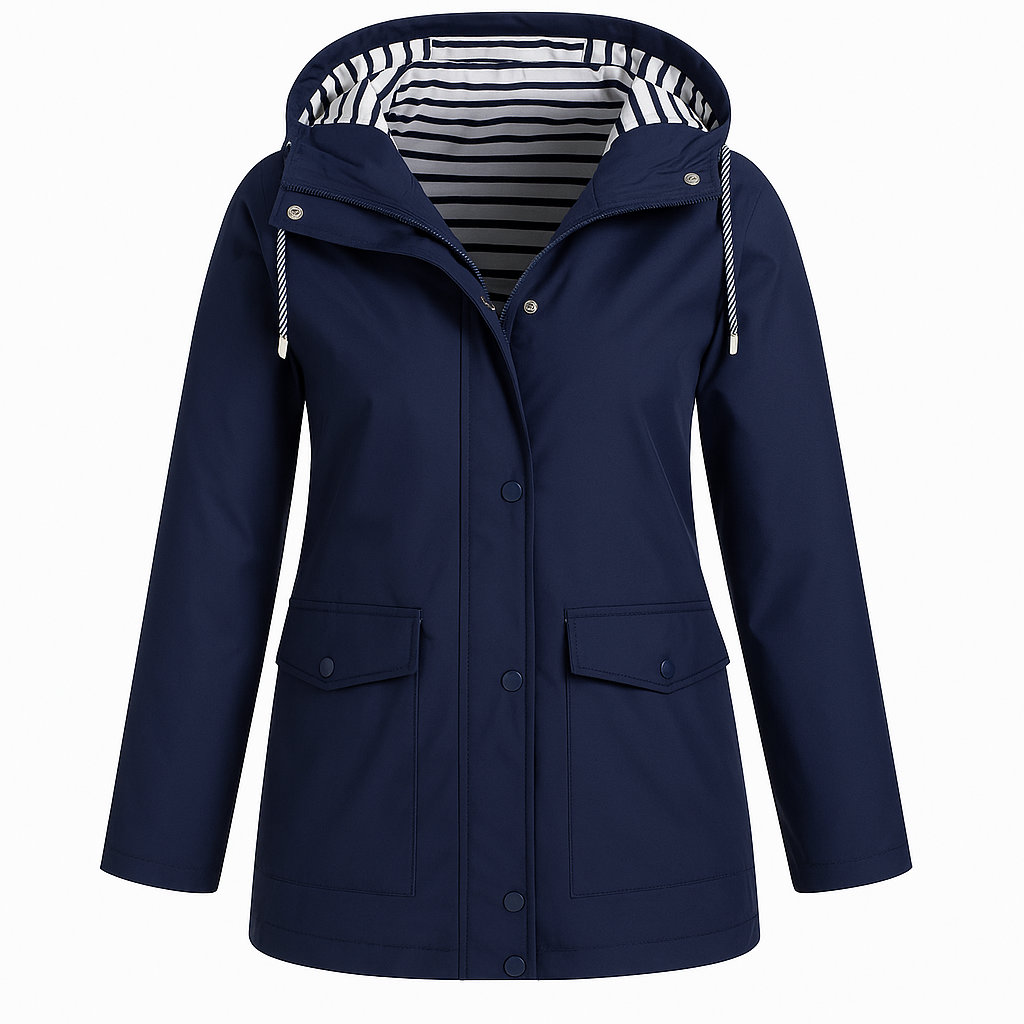 Rain jacket with a striped inner lining, front snap buttons, zipper closure, drawstring hood, and two flap pockets.