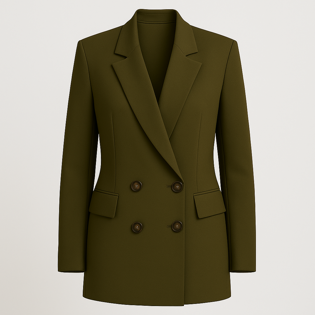 Double-breasted blazer with a tailored longline silhouette, notched lapel, structured fabric, button fastening, and side flap pockets.