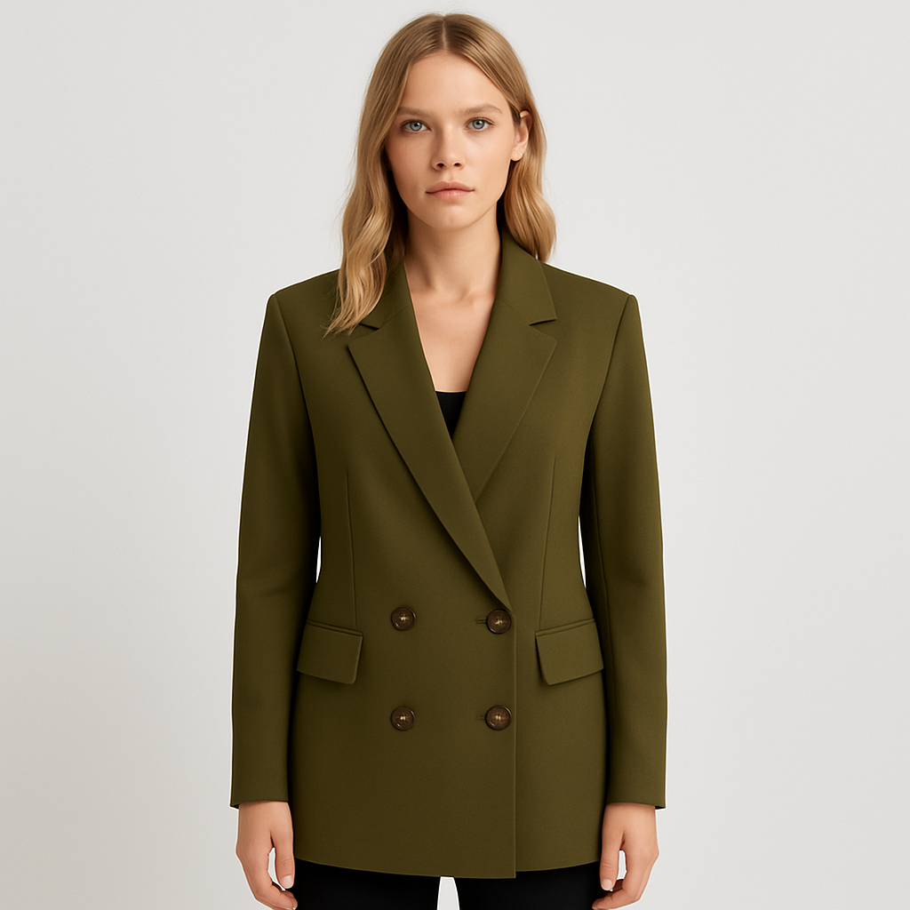 Double-breasted blazer with a tailored longline silhouette, notched lapel, structured fabric, button fastening, and side flap pockets.