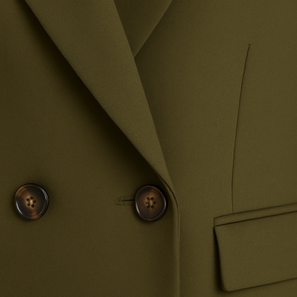 Double-breasted blazer with a tailored longline silhouette, notched lapel, structured fabric, button fastening, and side flap pockets.