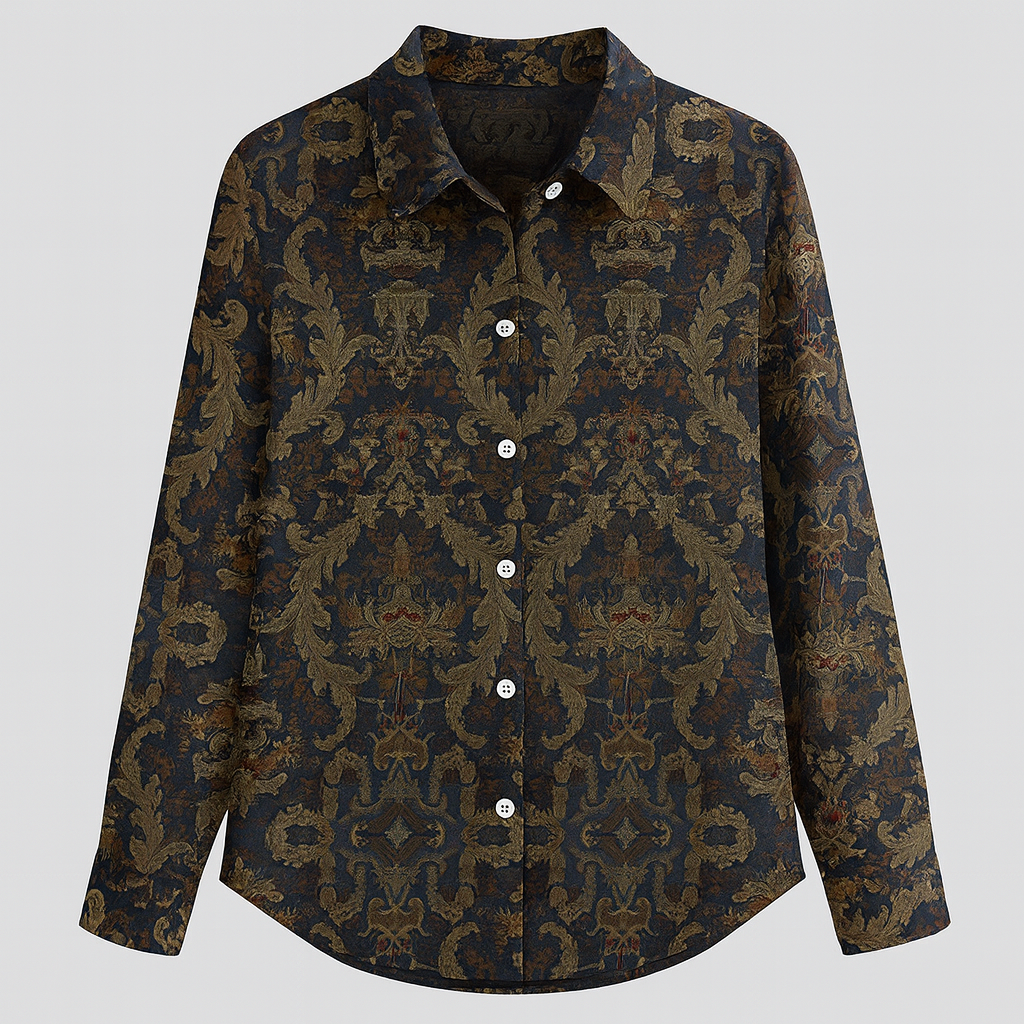 Baroque print button-up blouse with ornate pattern and long sleeves.