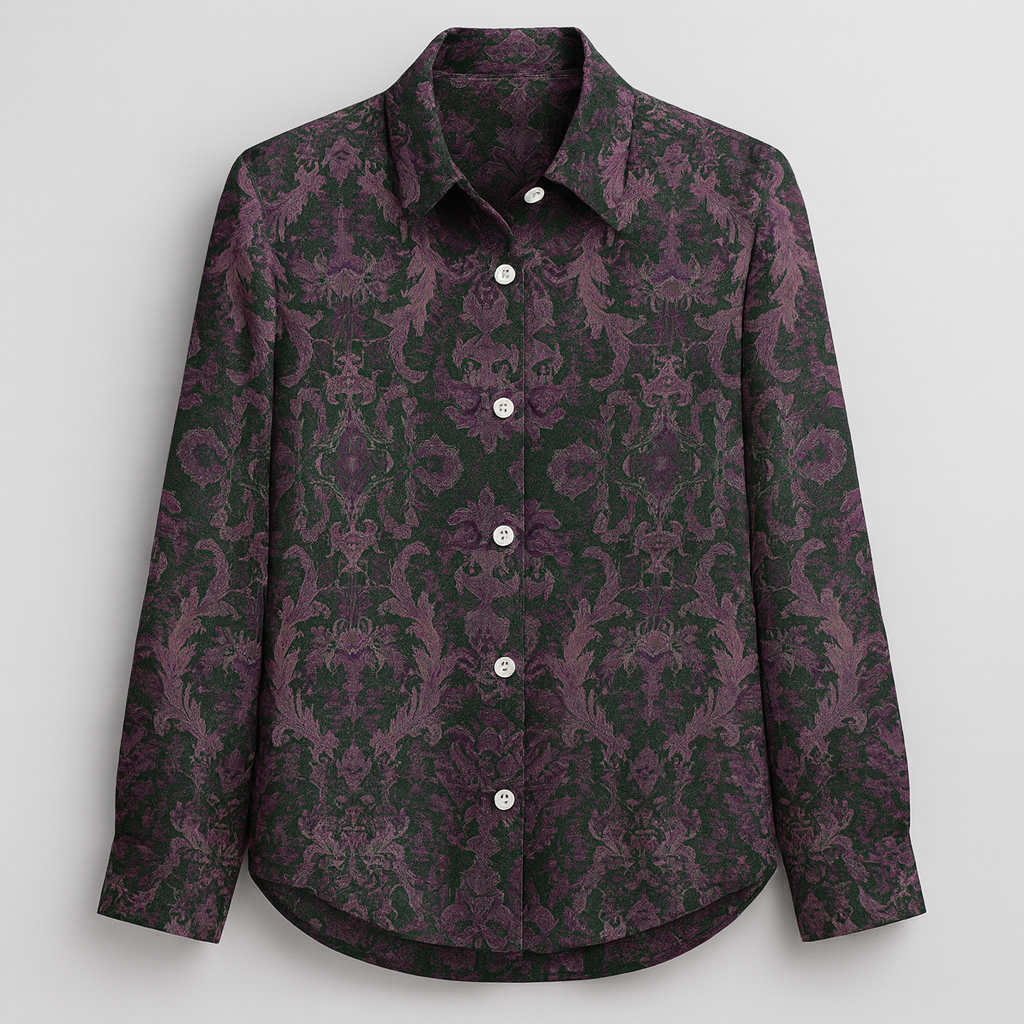 Baroque print button-up blouse with ornate pattern and long sleeves.
