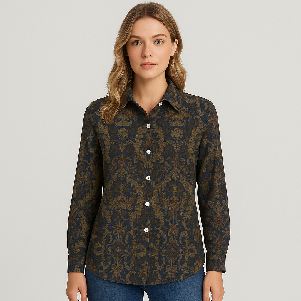 Baroque print button-up blouse with ornate pattern and long sleeves.