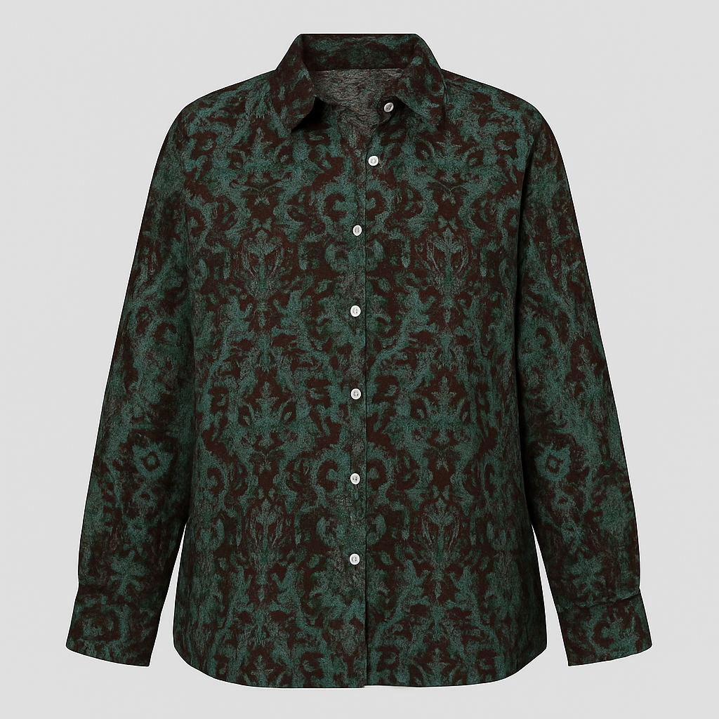 Baroque print button-up blouse with ornate pattern and long sleeves.