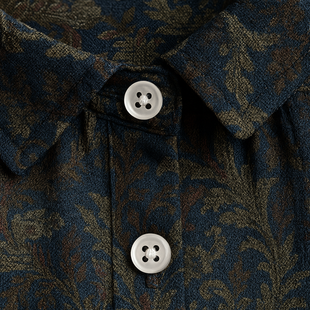 Baroque print button-up blouse with ornate pattern and long sleeves.