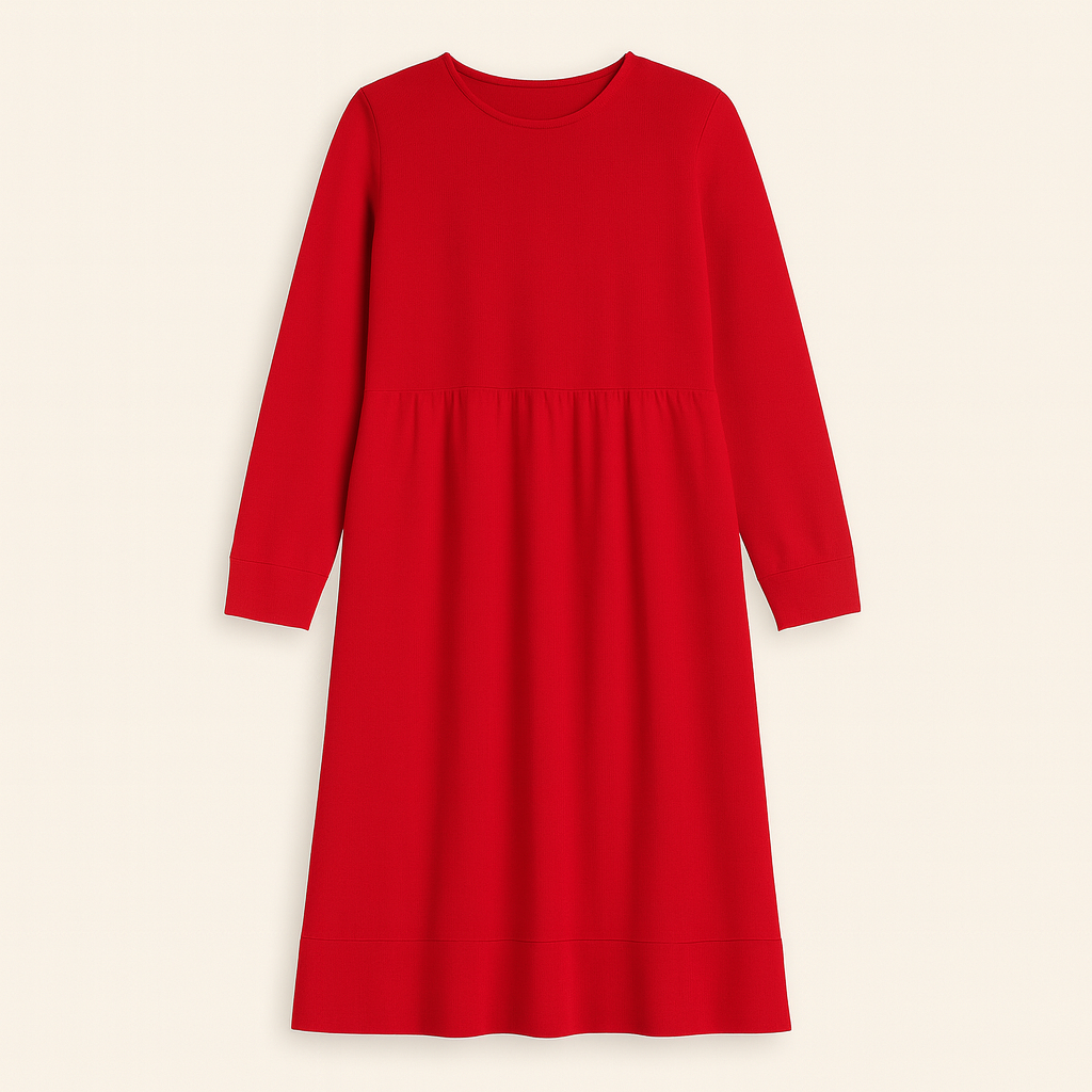 Long-sleeve midi dress with a round neckline, a gathered waist seam, and a straight hemline.