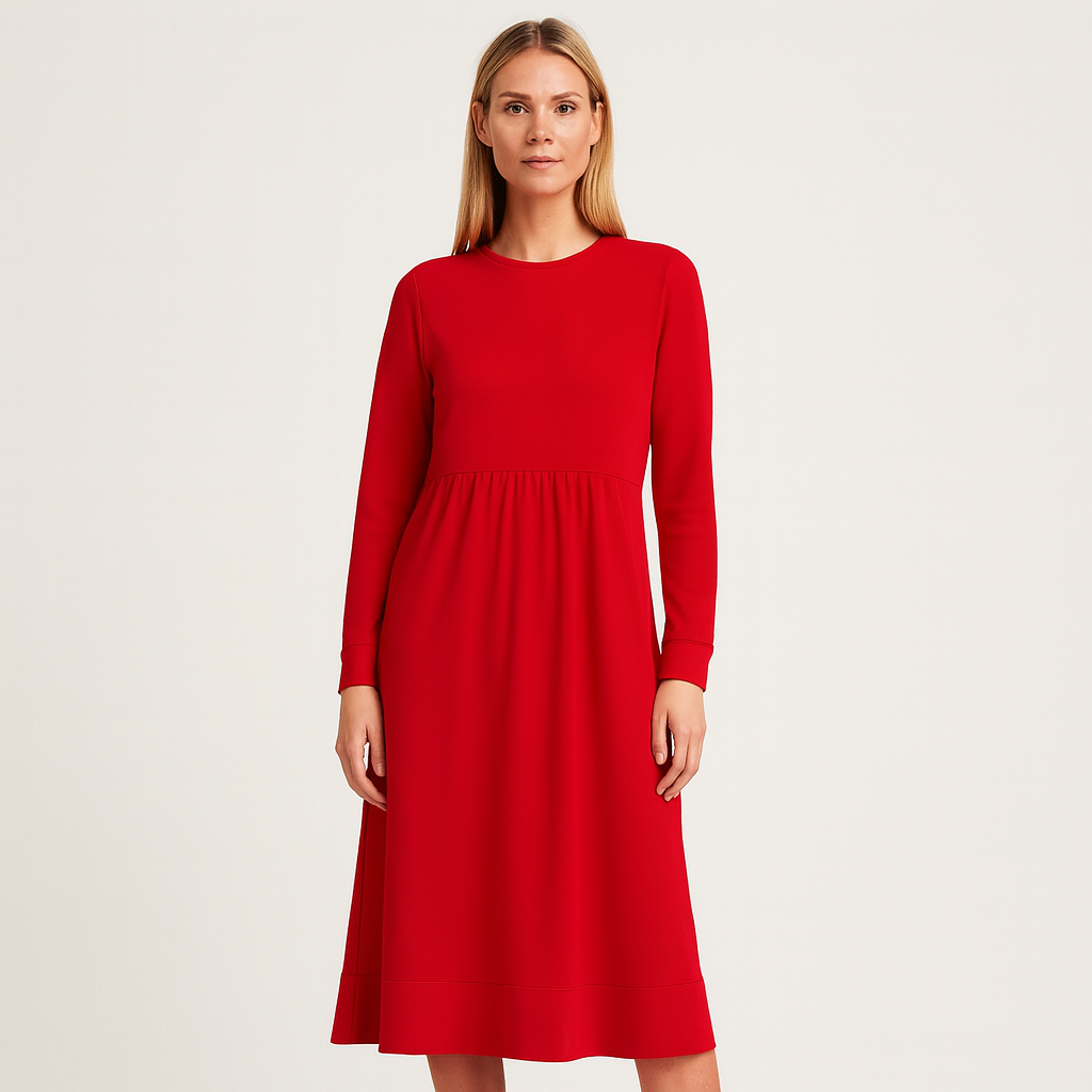 Long-sleeve midi dress with a round neckline, a gathered waist seam, and a straight hemline.