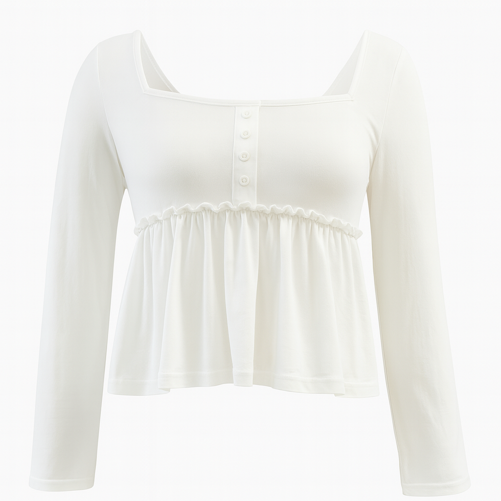 A white babydoll-style long sleeve top with a square neckline, button-front detailing, and ruffle trim at the empire waist.