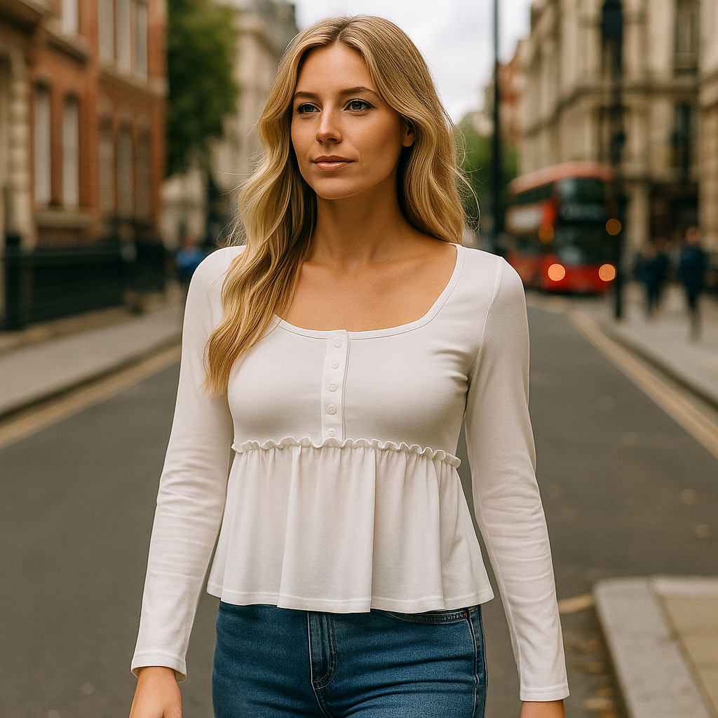 A white babydoll-style long sleeve top with a square neckline, button-front detailing, and ruffle trim at the empire waist.