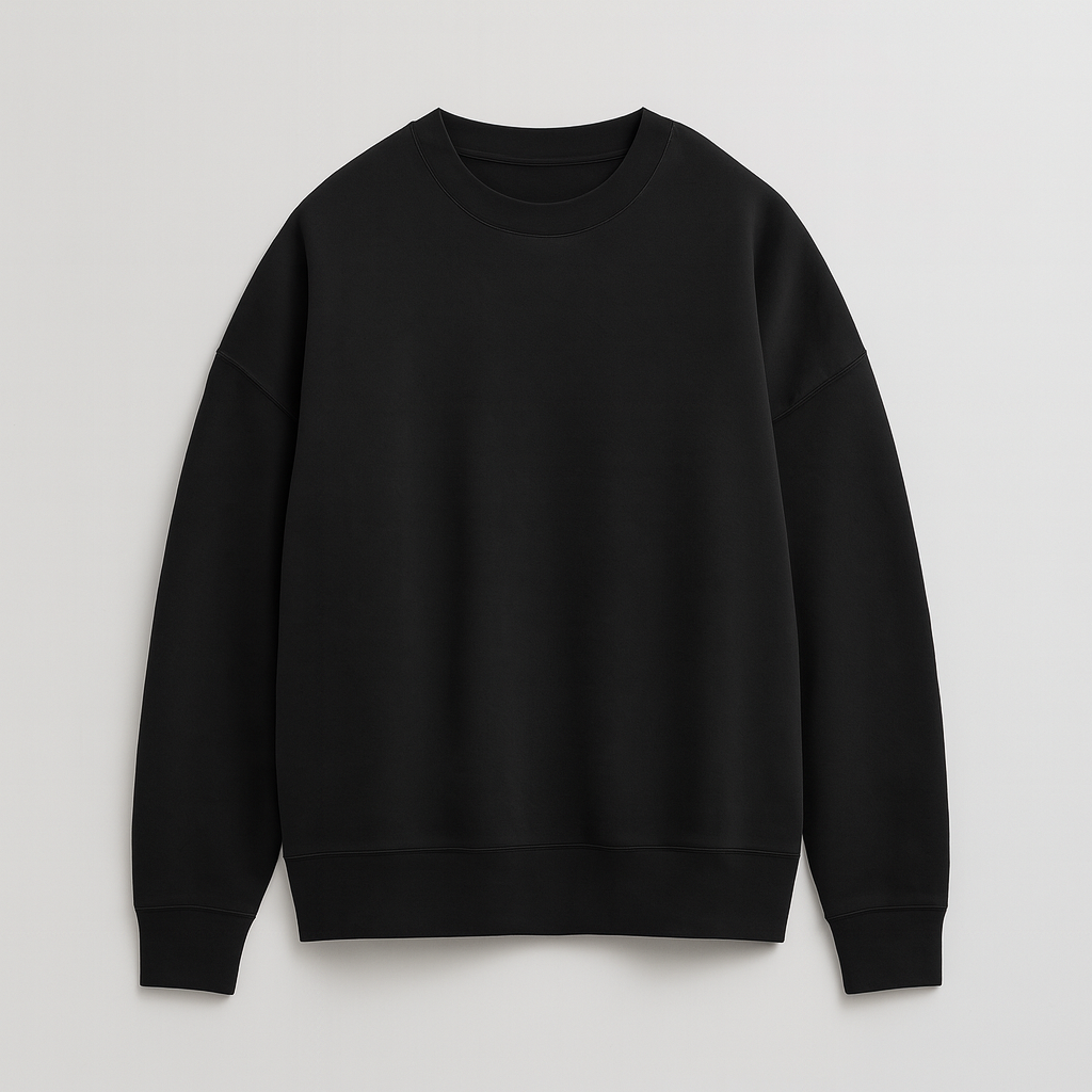 A plain crewneck sweatshirt with long sleeves, ribbed cuffs, hem, and neckline, featuring a relaxed fit.