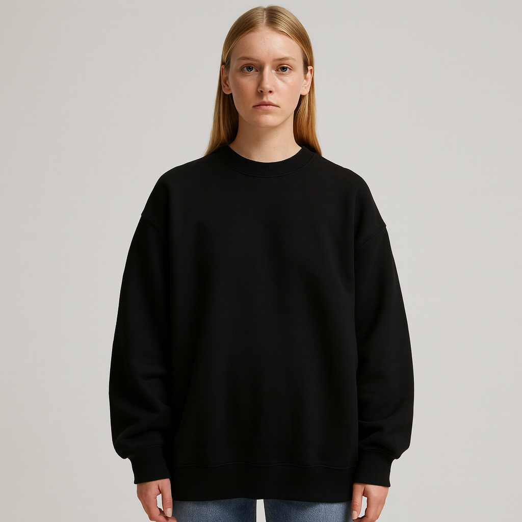 A plain crewneck sweatshirt with long sleeves, ribbed cuffs, hem, and neckline, featuring a relaxed fit.