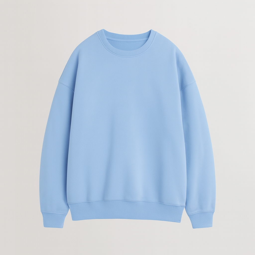 A plain crewneck sweatshirt with long sleeves, ribbed cuffs, hem, and neckline, featuring a relaxed fit.