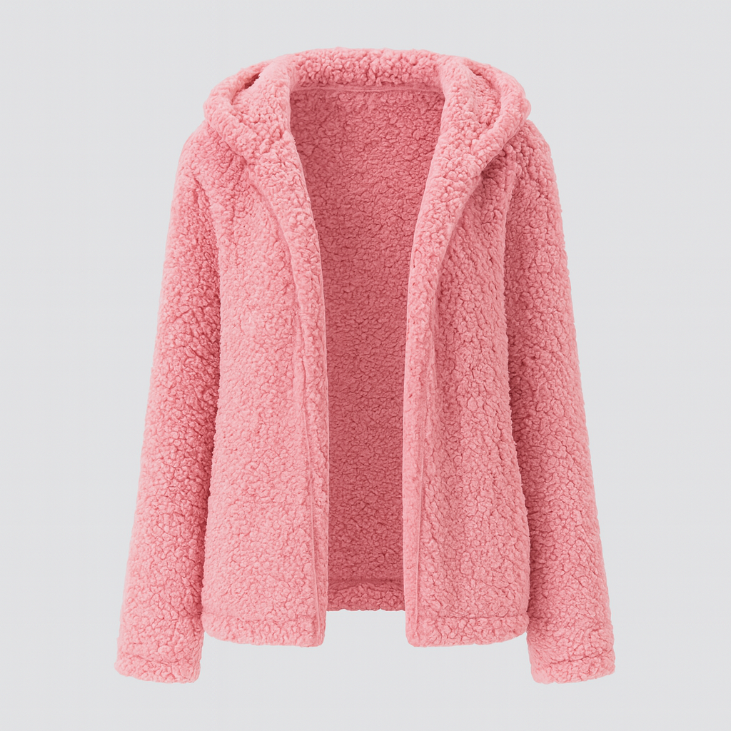 A hooded fleece jacket with an open front design, long sleeves, and a soft, textured sherpa finish.
