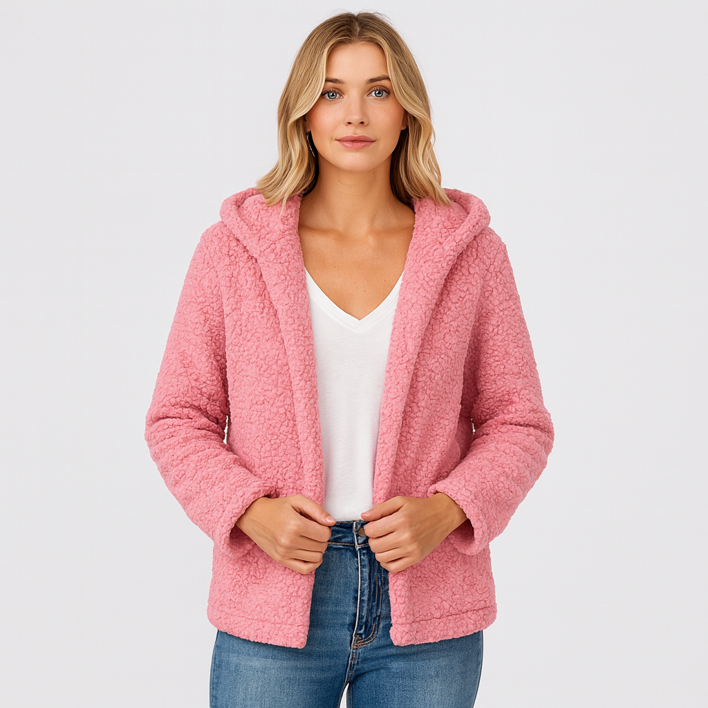 A hooded fleece jacket with an open front design, long sleeves, and a soft, textured sherpa finish.