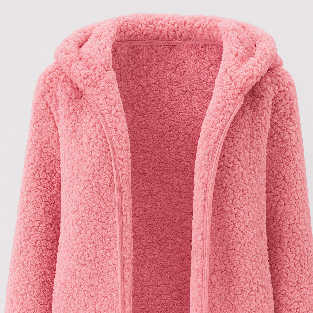 A hooded fleece jacket with an open front design, long sleeves, and a soft, textured sherpa finish.