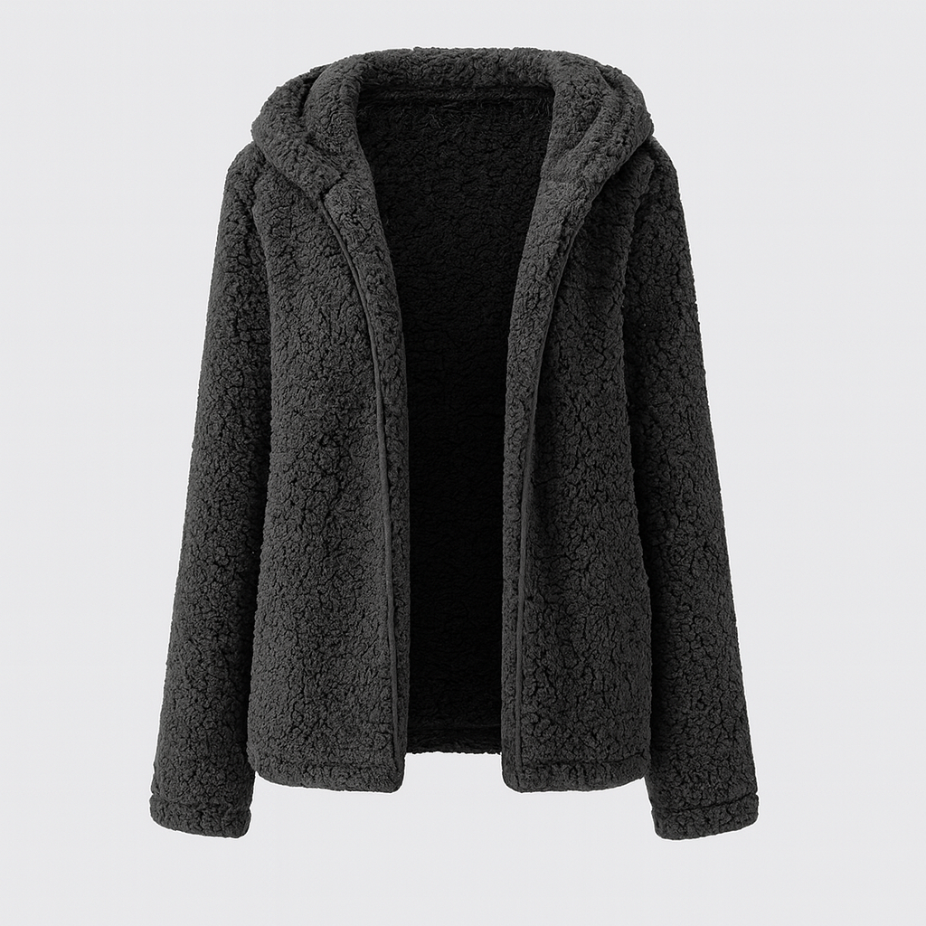 A hooded fleece jacket with an open front design, long sleeves, and a soft, textured sherpa finish.