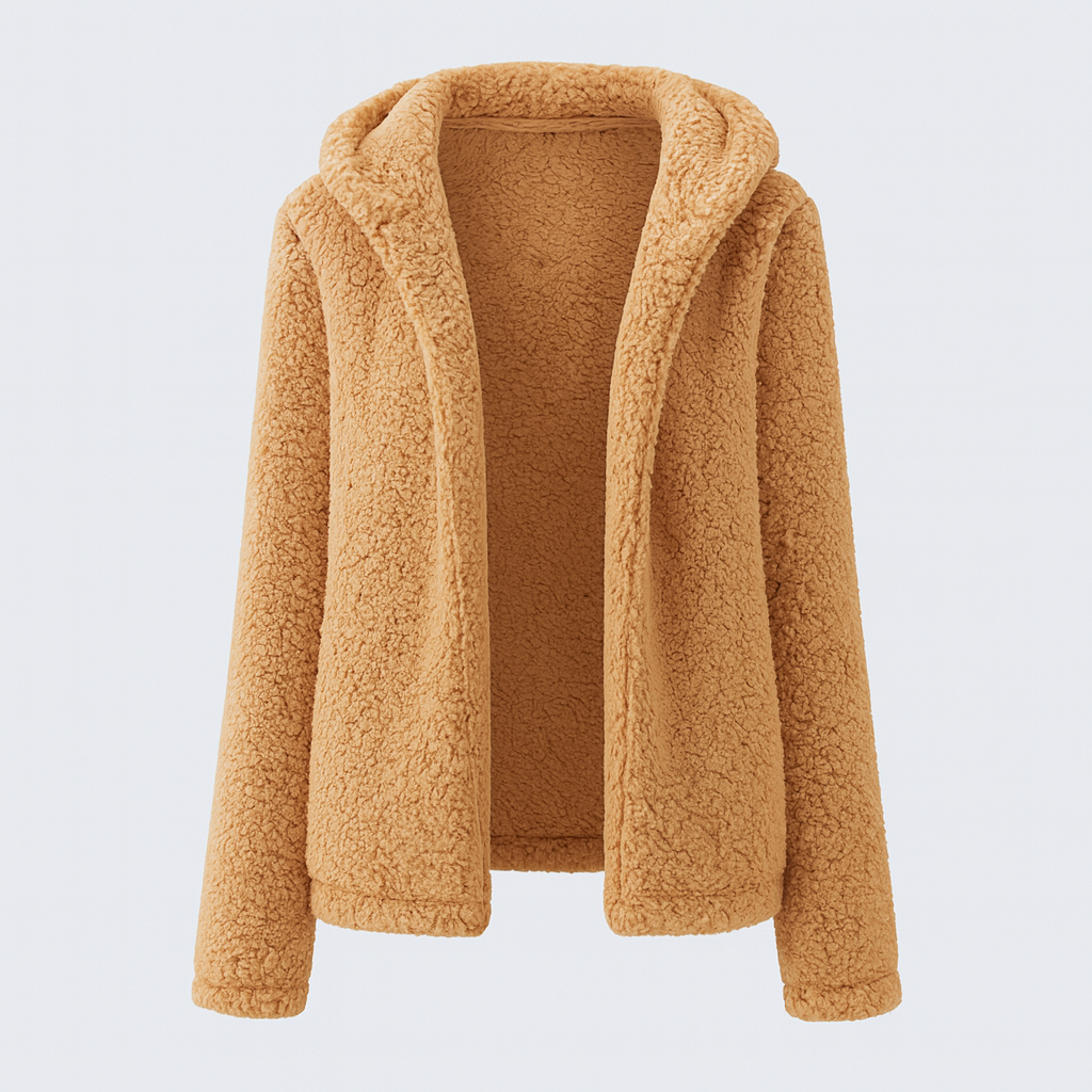 A hooded fleece jacket with an open front design, long sleeves, and a soft, textured sherpa finish.