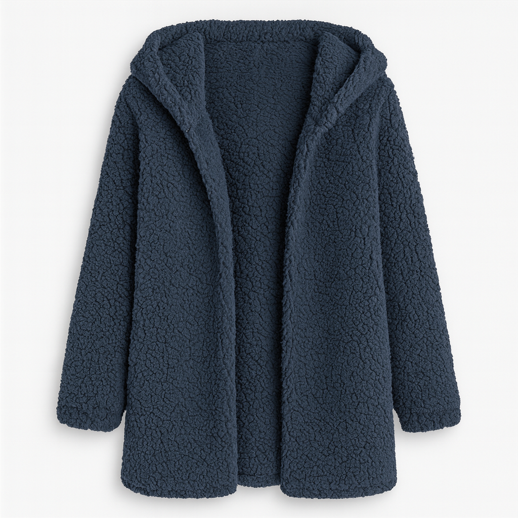 A hooded fleece jacket with an open front design, long sleeves, and a soft, textured sherpa finish.