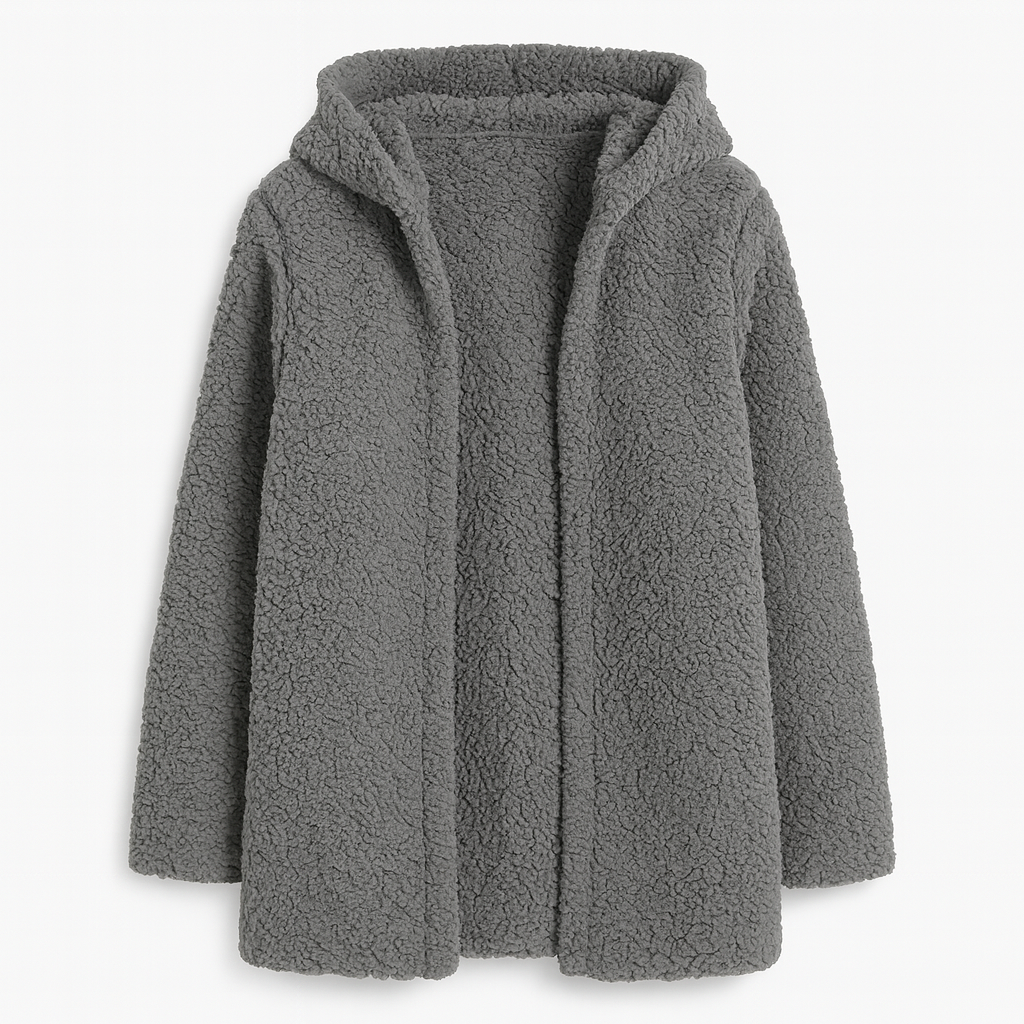 A hooded fleece jacket with an open front design, long sleeves, and a soft, textured sherpa finish.