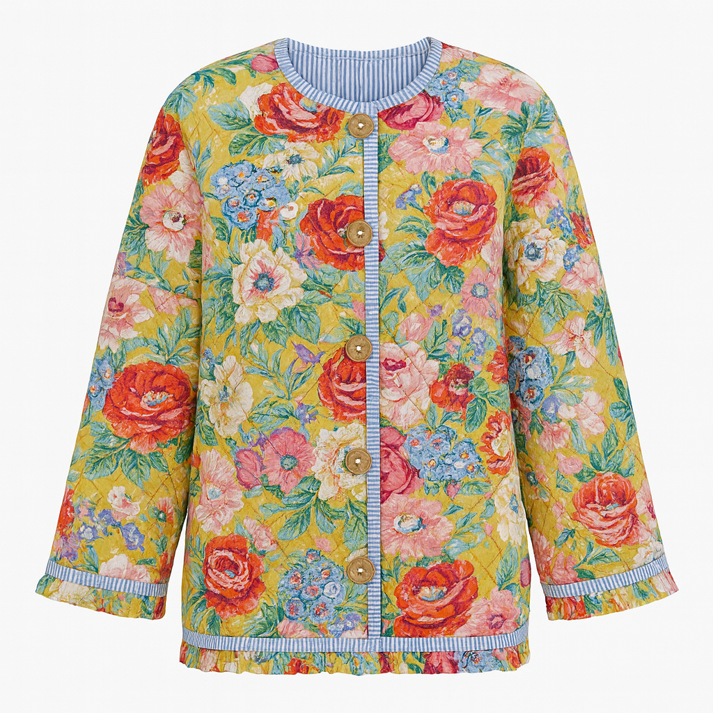 Long-sleeve quilted jacket with a round neckline, open front, and front patch pockets.