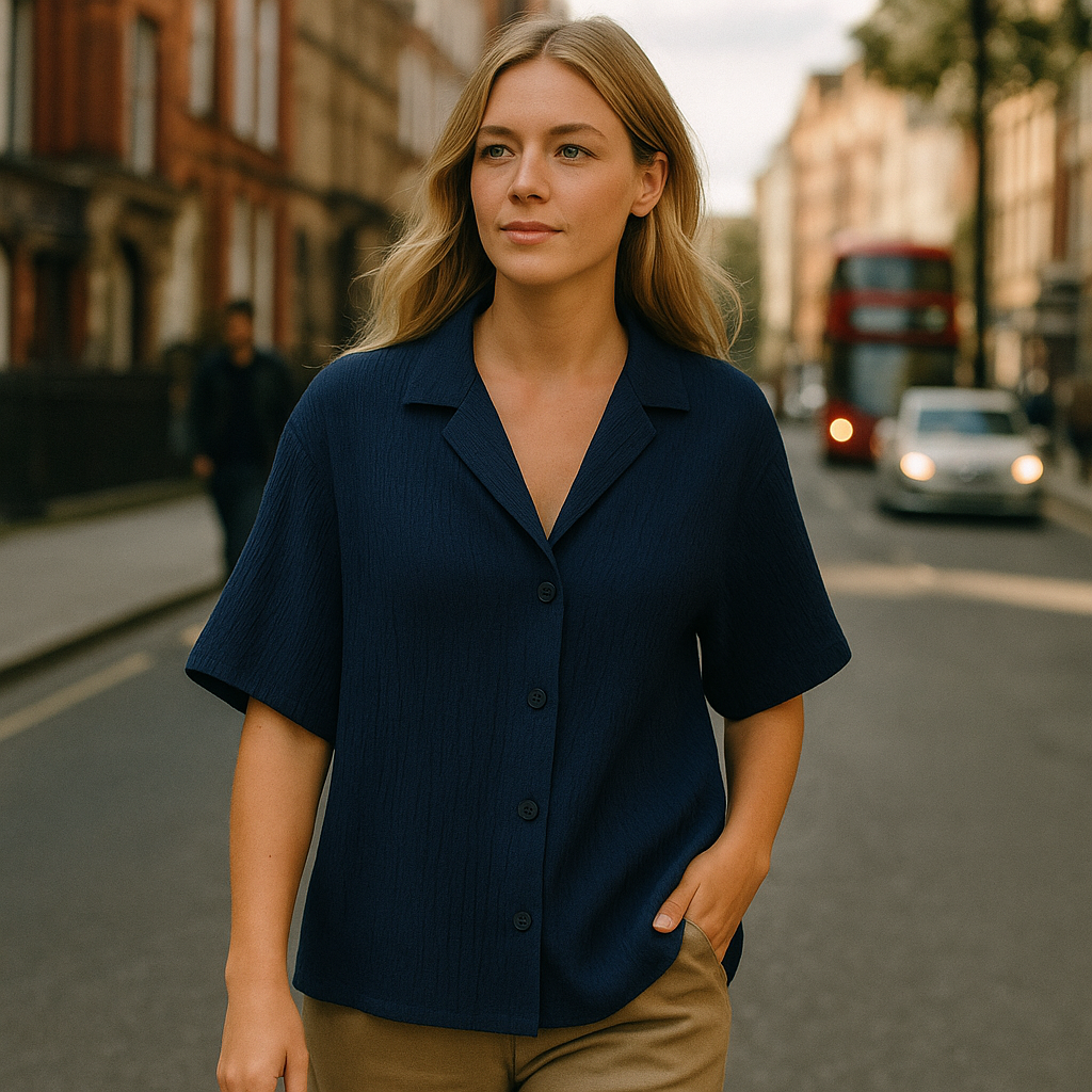 Navy blue relaxed-fit shirt with short sleeves, button-down front, and open collar.