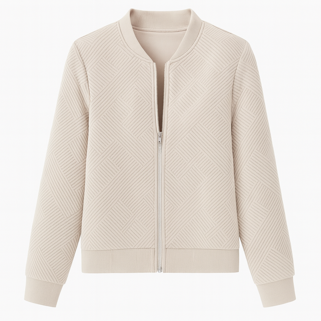 Zipper-front jacket with a geometric textured design, ribbed cuffs and hem, and a fitted silhouette.