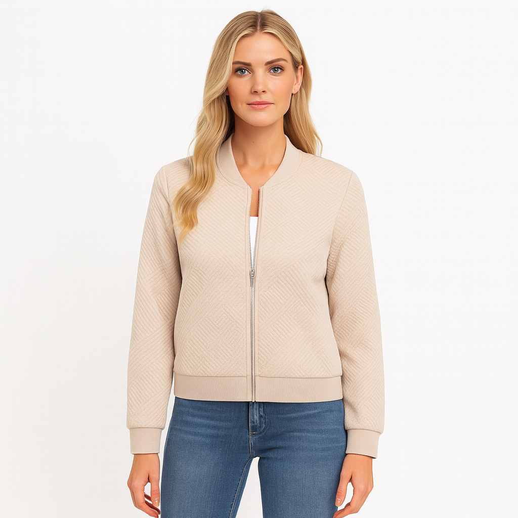 Zipper-front jacket with a geometric textured design, ribbed cuffs and hem, and a fitted silhouette.