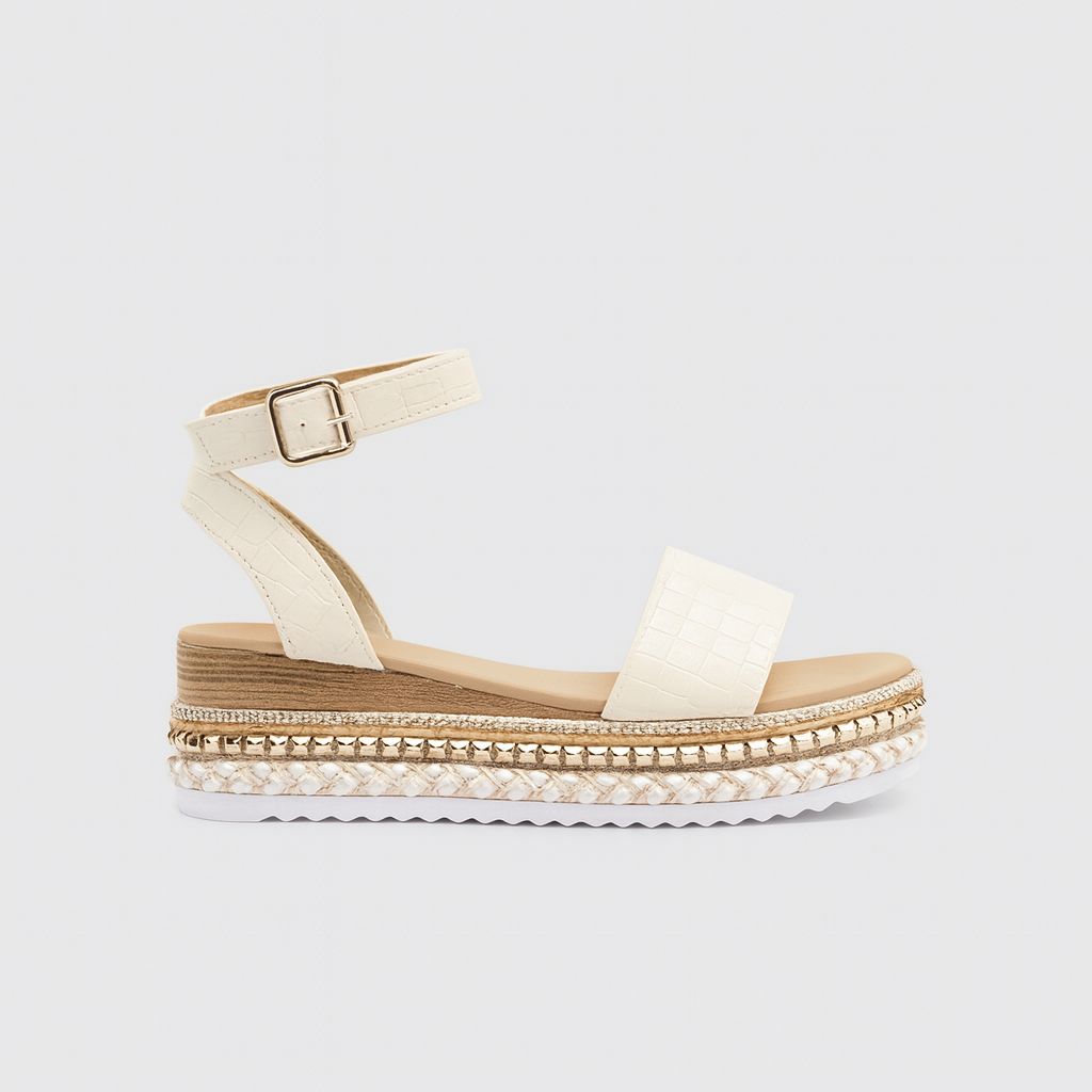 Platform sandal with ankle strap, buckle closure, and woven detailing on the midsole.