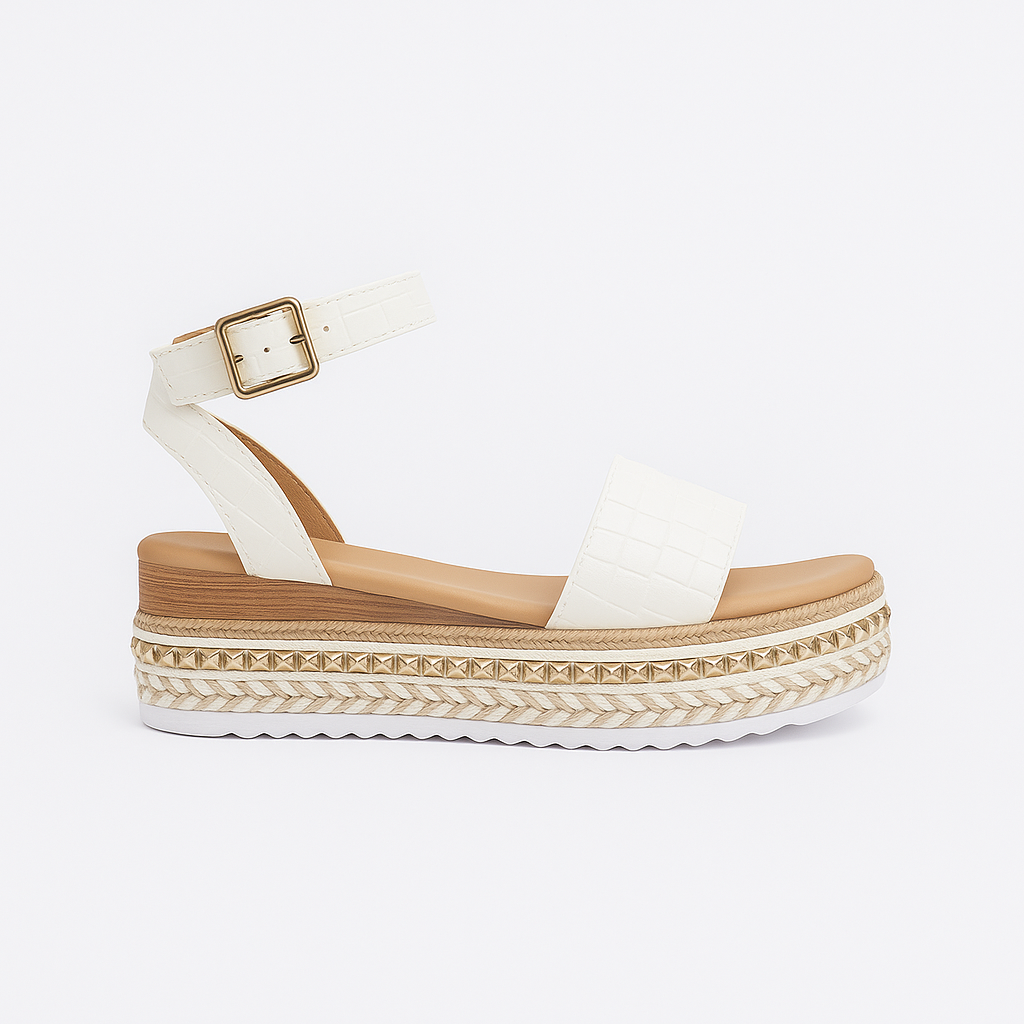 Platform sandal with ankle strap, buckle closure, and woven detailing on the midsole.